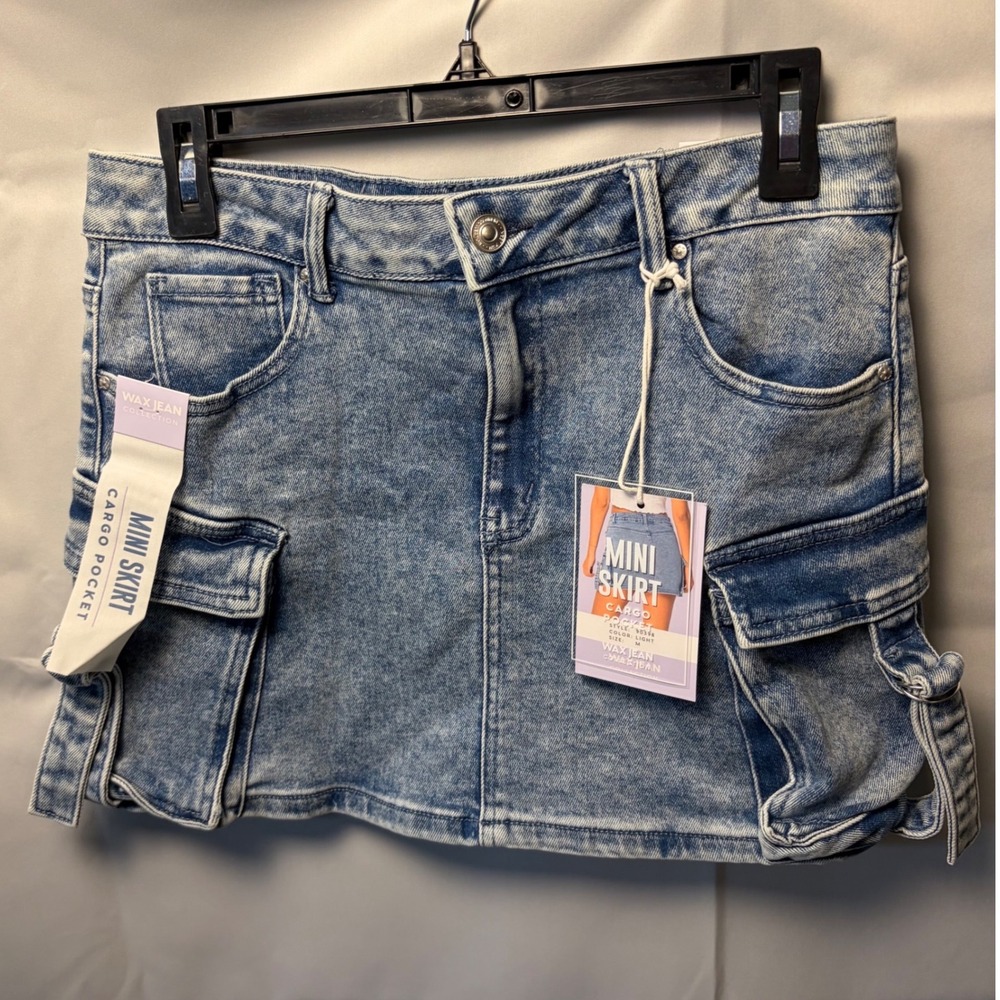 Wax Jean Women Acid Wash Denim Cargo Mini Skirt Light Blue 90398 Size M NWT